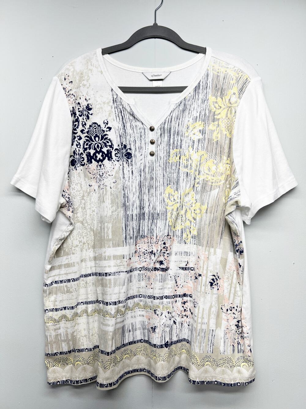 Cj Banks Cotton Henley Top Womens 2X Art Short Sleeve Casual Stretch Breathable